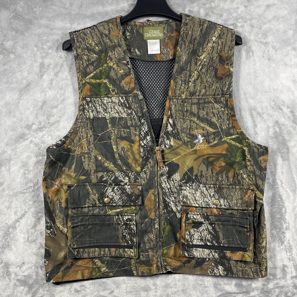 Quail Unlimited Camo Mossy Oak Break Up Hunting Fishing Mens Large Vest Pockets‎